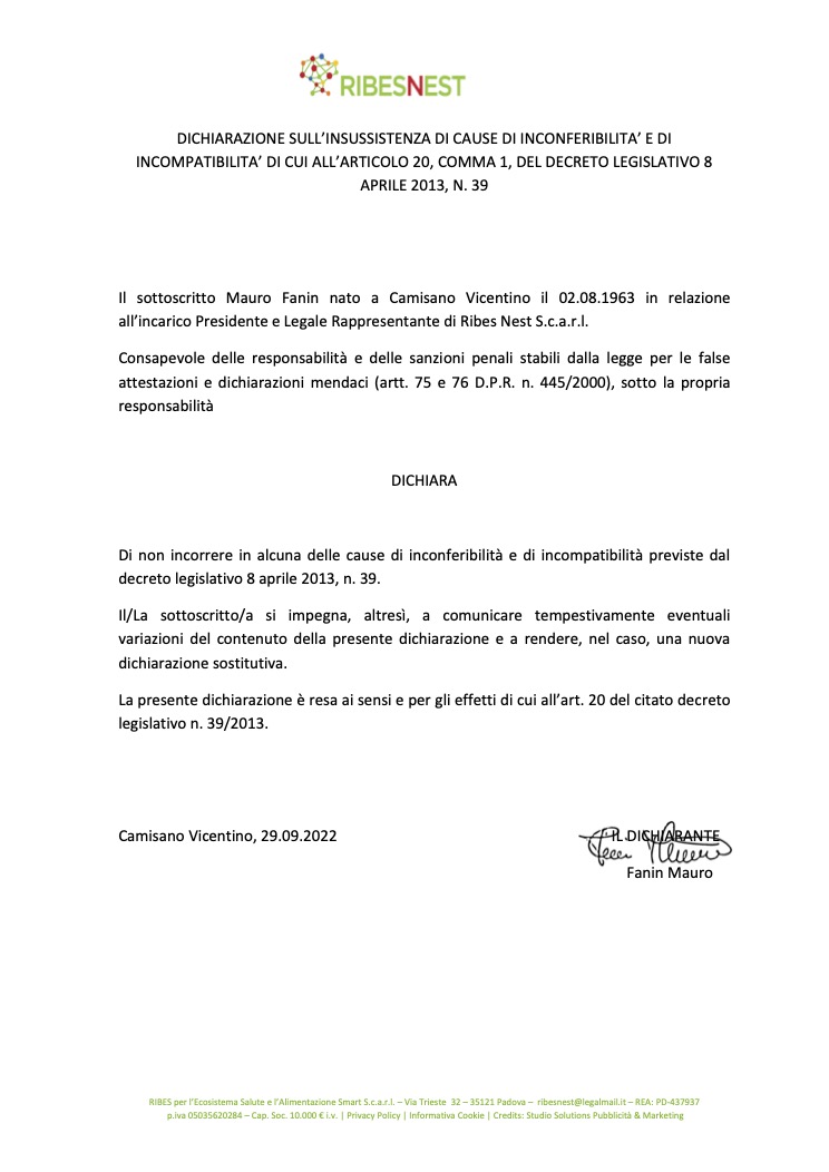 Dichiarazione di insussistenza di cause di inconferibilità